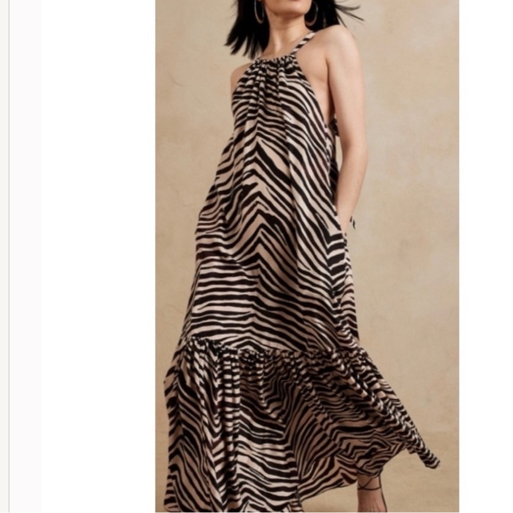 Banana Republic Heritage Canna Silk Dress Brown Zebra Maxi Dress Pockets M - Picture 8 of 9
